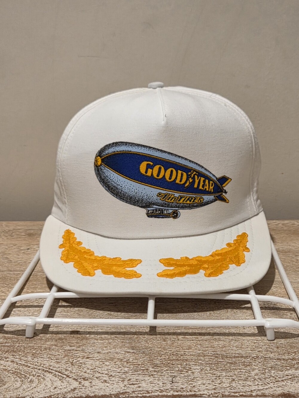 Vintage Goodyear Blimp Captians Snapback Hat Embroidered Gold Leaf Brim - USA Ma